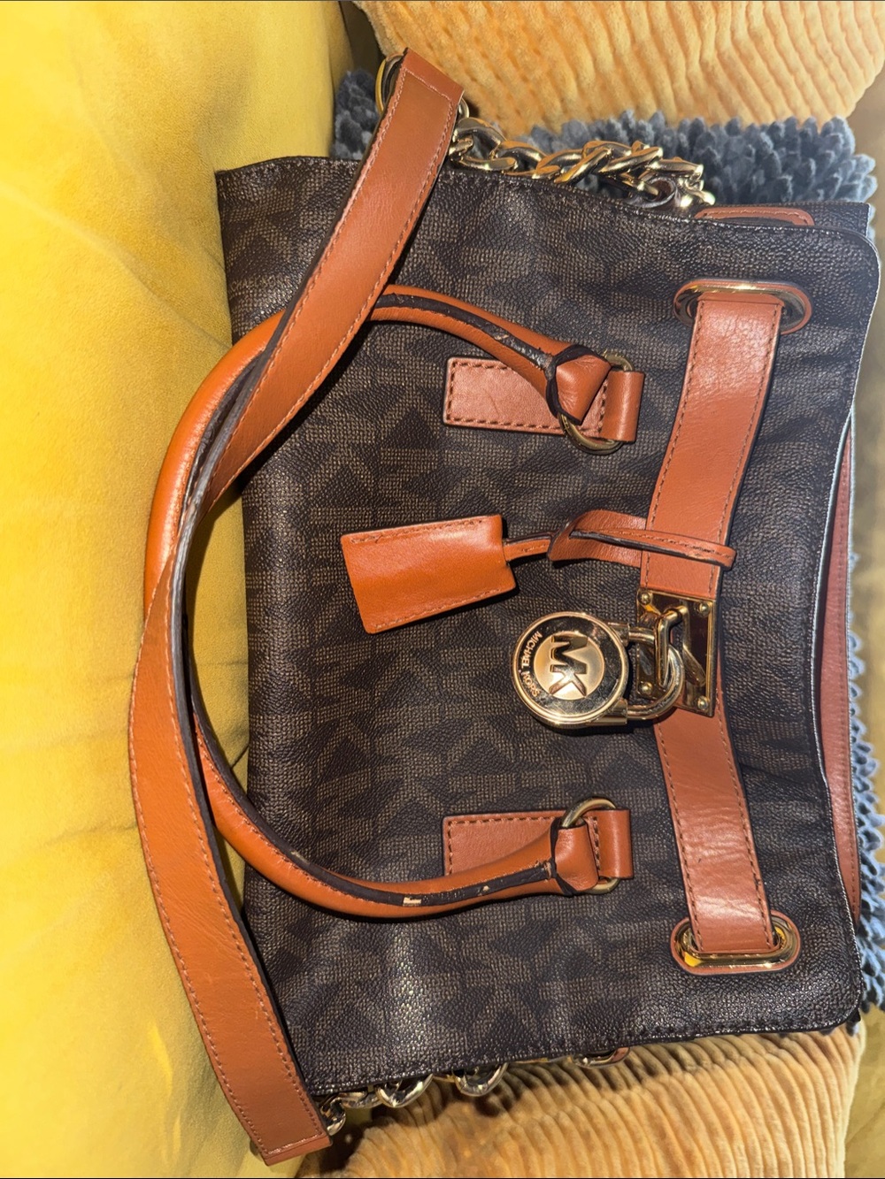 Michael Kors Brown MK Monogram Satchel with Tan Leather Trim